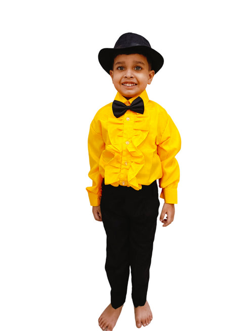 BookMyCostume Ballroom Western Dance Yellow Frill Shirt Black Pant Hat & Bow Set Kids Fancy Dress Costume